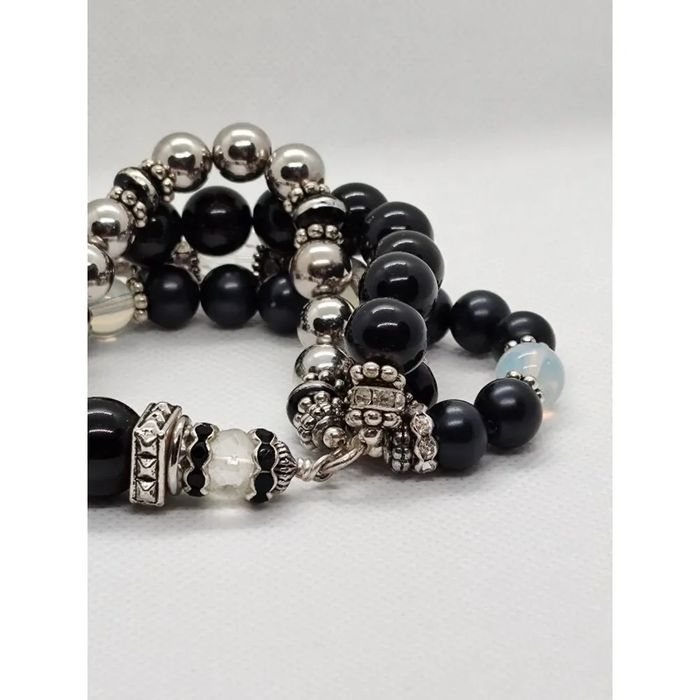 Multi-Stranded Black Silver Tone Elastic Stretch Opalite Beaded Bracelet 7.5